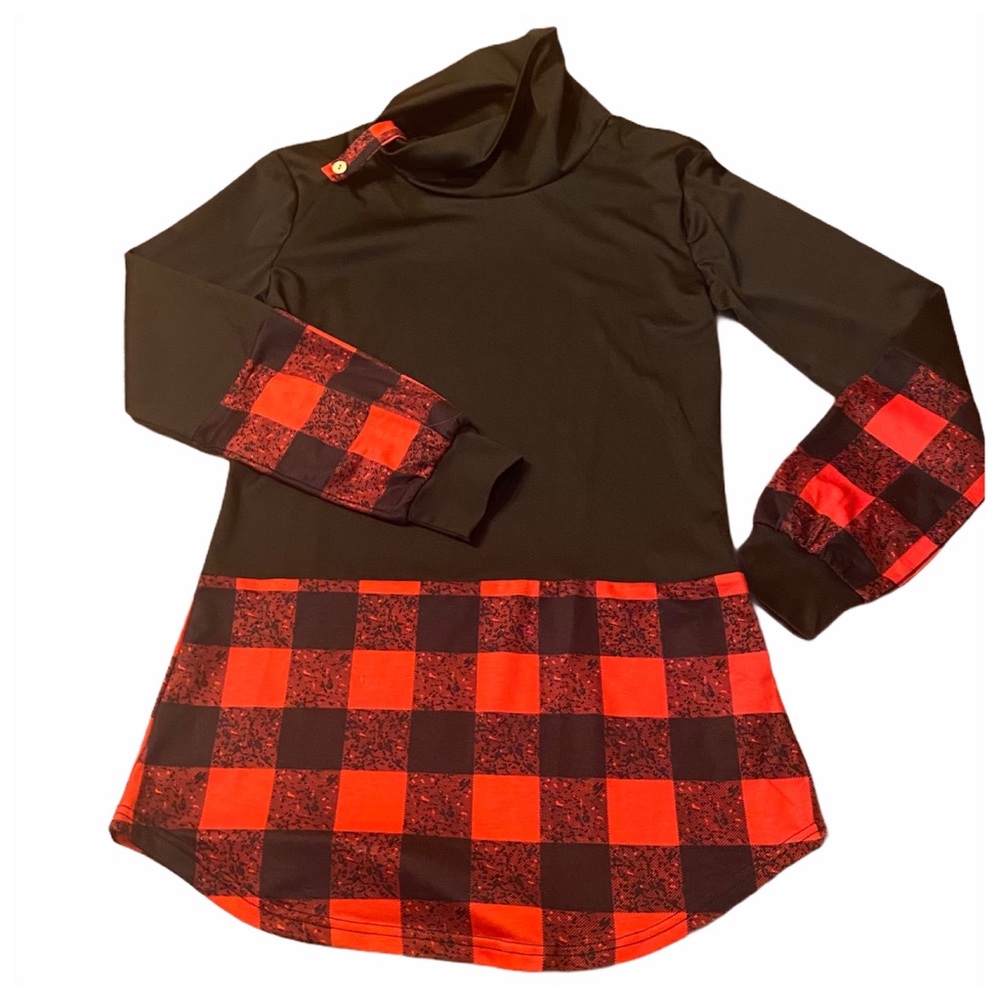 Vintage 1990’s Red & Black Grunge Mini Shirt Dress, Long Sleeved, Medium